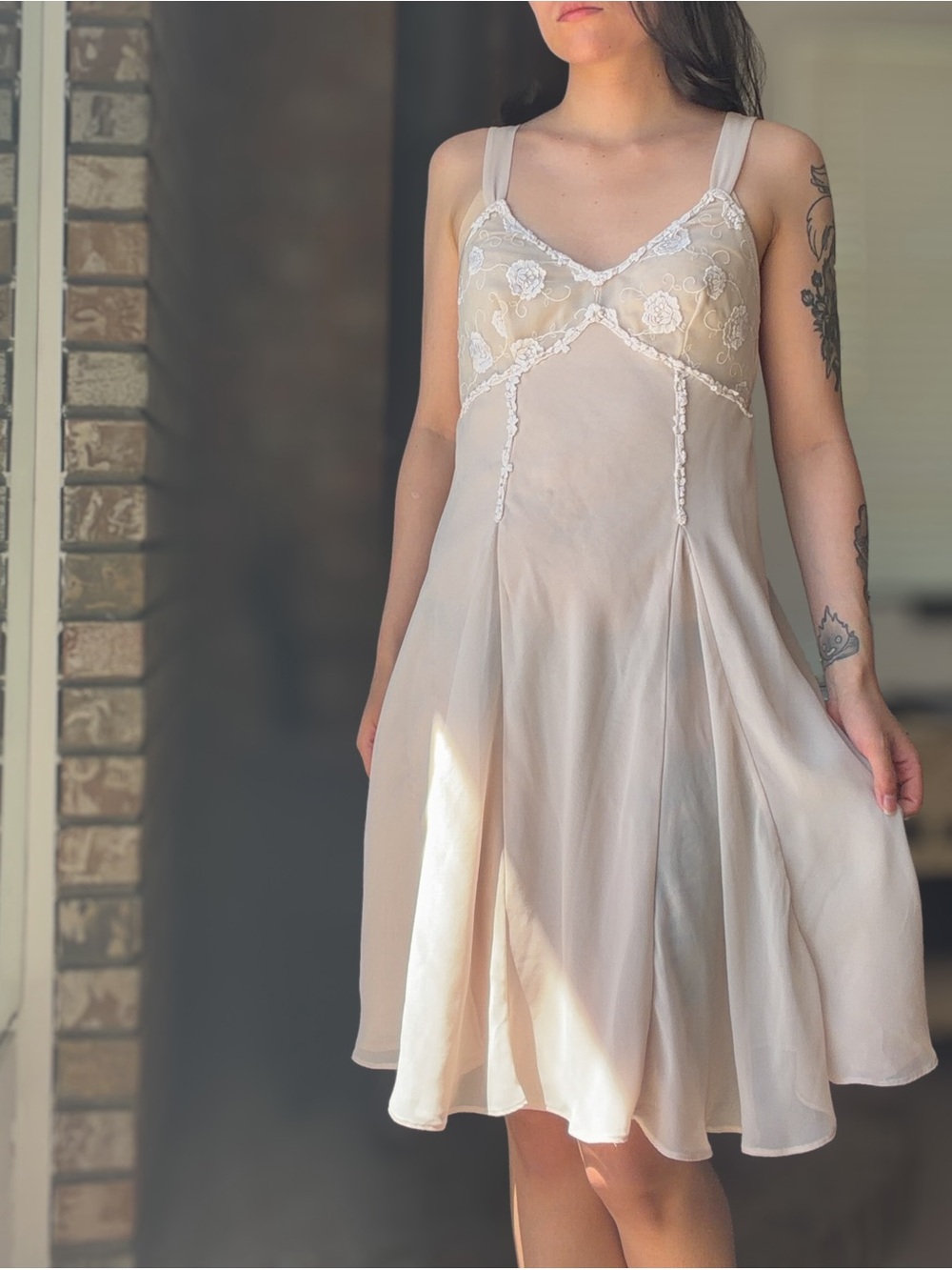 Babydoll Embroidered Dainty Boho Dream Midi  Sheer Dress with Bust Lace Trim